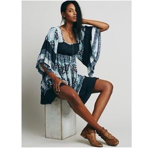 Free People Heart Of Gold Bell Sleeve Mini Dress Boho Hippie Blue Gauze